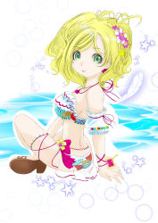 Rule 34 | 1girl, :p, alternate hairstyle, and (pixiv), artist name, artist request, bare legs, bare shoulders, bikini, bikini skirt, blonde hair, blush, braid, breasts, brown eyes, brown footwear, crown braid, female focus, flower, frilled bikini, frills, fruit print, hair flower, hair ornament, hair rings, highres, jewelry, looking at viewer, love live!, love live! school idol festival, love live! sunshine!!, medium breasts, necklace, ocean, ohara mari, parted lips, ribbon-trimmed legwear, ribbon trim, sandals, short hair, sideboob, sitting, smile, solo, swimsuit, to.kin, tongue, tongue out, white background, yellow eyes, yellow flower
