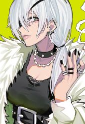 Rule 34 | 1girl, absurdres, belt, chainsaw man, choker, earrings, eyepatch, grey eyes, highres, jewelry, lips, looking at viewer, necklace, one eye covered, quanxi (chainsaw man), sailen0, smoking, white hair