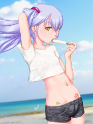 Rule 34 | 1girl, ^jj^, beach, blue hair, blush, breasts, cloud, collarbone, day, covered erect nipples, flat chest, food, groin, highres, hoshino ruri, kidou senkan nadesico, long hair, looking at viewer, midriff, navel, no bra, no panties, open mouth, outdoors, popsicle, sand, sexually suggestive, shorts, sky, small breasts, solo, tattoo, tongue, tongue out, twintails, yellow eyes