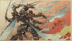 Rule 34 | 10s, armor, extra arms, final fantasy, final fantasy xiv, highres, insect wings, monster boy, official art, ravana, square enix, sword, weapon, wings