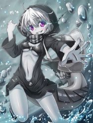 Rule 34 | 10s, 1girl, abyssal ship, bad id, bad pixiv id, glowing, glowing eyes, grin, hood, jacket, kantai collection, matokechi, o-ring, o-ring top, pale skin, personification, purple eyes, re-class battleship, scarf, short hair, silver hair, smile, solo, tail, water