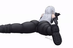 Rule 34 | 1girl, ak-15 (girls&#039; frontline), animated, animated gif, ass, ass focus, ass shake, assault rifle, bare shoulders, boots, breasts, denim, elbow gloves, firing, from behind, girls&#039; frontline, gloves, grey hair, gun, jeans, jiggle, jkthdg, long hair, looking away, lying, on stomach, pants, rifle, shiny clothes, sideboob, solo, thick thighs, thighs, very long hair, weapon