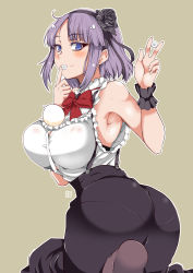 Rule 34 | 1girl, aoi manabu, armpits, ass, black flower, black hairband, black pantyhose, black rose, black skirt, black wrist cuffs, bow, bowtie, breasts, collar, dagashi kashi, flower, food request, frilled collar, frilled sleeves, frills, hairband, high-waist skirt, large breasts, looking at viewer, looking back, pantyhose, pantylines, purple eyes, purple hair, red bow, red bowtie, ringed eyes, rose, shidare hotaru, short hair, skirt, sleeveless, solo, suspender skirt, suspenders, wrist cuffs
