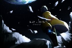 Rule 34 | 1boy, akaie11, astel leda, black footwear, blonde hair, blue bodysuit, blue hair, bodysuit, boots, dated, debris, earth (planet), facing away, feet out of frame, from behind, highres, holding, holding cloth, holostars, jacket, male focus, multicolored hair, planet, rock, short hair, sky, solo, space, standing, star (sky), starry sky, streaked hair, thigh boots, virtual youtuber, wavy hair, yellow jacket