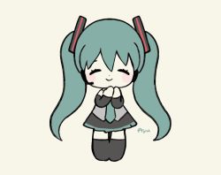 Rule 34 | 1girl, :d, ayu (mog), black skirt, black thighhighs, blush, chibi, closed eyes, closed mouth, detached sleeves, dot nose, facing viewer, full body, green hair, green necktie, grey shirt, hands up, hatsune miku, headphones, headset, long hair, music, necktie, open mouth, shirt, signature, simple background, singing, skirt, smile, solo, thighhighs, twintails, very long hair, vocaloid, yellow background