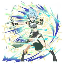 Rule 34 | 1girl, animal ears, arm ribbon, armor, asymmetrical sleeves, belt, black footwear, black ribbon, black shorts, blue eyes, blue hair, boots, bow, bow (weapon), breastplate, cat ears, cat tail, full body, hair bow, hair ribbon, head tilt, holding, holding bow (weapon), holding weapon, midriff, navel, official art, ribbon, short hair with long locks, short shorts, shorts, sidelocks, sinon, sinon (sao-alo), solo, standing, stomach, sword art online, sword art online: code register, tail, thigh strap, uneven sleeves, weapon, white background, wrist ribbon
