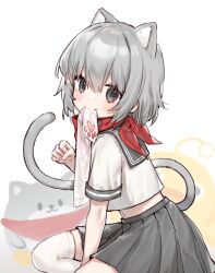 Rule 34 | 1girl, animal ears, arm support, blush, cat ears, cat tail, clothes in mouth, commentary request, extra ears, from side, grey eyes, grey hair, grey sailor collar, grey skirt, grey tail, hair between eyes, highres, looking at viewer, medium hair, midriff, miyayoki, mouth hold, mr.quin, navel, original, paw pose, paw print soles, pleated skirt, red scarf, sailor collar, scarf, school uniform, serafuku, sitting, sketch, skirt, solo, tail, thighhighs, unworn thighhighs, white background, white serafuku, white thighhighs