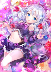 Rule 34 | 1girl, antenna hair, bare shoulders, blue eyes, blue flower, bow, bowtie, breasts, collared shirt, crop top, detached sleeves, flower, frilled shirt, frilled skirt, frills, kneehighs, long hair, long sleeves, looking at viewer, lying, midriff, mimi (ranma3049), miniskirt, navel, official art, on back, open mouth, purple shirt, purple skirt, red flower, shirt, single detached sleeve, skirt, small breasts, socks, solo, soulworker, stella unibell, stomach, thighs, very long hair, white hair