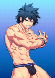 Rule 34 | 1boy, abs, bara, black eyes, black hair, bracelet, bulge, cowboy shot, fairy tail, gray fullbuster, groin, highres, jewelry, looking at viewer, lvlv, male focus, muscular, navel, necklace, patterned background, short hair, smile, solo, underwear, underwear only