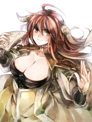 Rule 34 | 10s, 1girl, ahoge, allenkung1, blush, bookmark, breasts, brown eyes, brown hair, bustier, cleavage, demon girl, dress, happy, horns, huge breasts, long hair, looking at viewer, maou (maoyuu), maoyuu maou yuusha, notes, simple background, smile, solo, white background