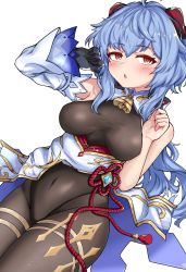 Rule 34 | :o, absurdres, bell, black gloves, black leotard, black pantyhose, blue hair, blush, bodystocking, bodysuit, breasts, breasts apart, chinese knot, commission, covered navel, crotch, detached sleeves, flower knot, ganyu (genshin impact), genshin impact, gloves, gold trim, highres, horns, leotard, leotard under clothes, long hair, looking at viewer, lying, medium breasts, multicolored eyes, neck bell, on back, open mouth, pantyhose, pelvic curtain, raldest, red rope, rope, sidelocks, single glove, single sleeve, skeb commission, solo, tassel, thighlet, vision (genshin impact), white background, white sleeves