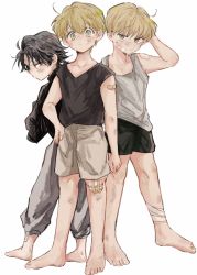 Rule 34 | 3boys, aged down, arm at side, bandaged leg, bandages, bandaid, bandaid on arm, bandaid on face, bandaid on forehead, bandaid on knee, bandaid on leg, bandaid on shoulder, barefoot, black hair, black shirt, black shorts, black tank top, blonde hair, bruise, bruise on face, crossed arms, dirty, dirty clothes, dirty face, feitan portor, franklin bordeau, full body, green eyes, grey eyes, grey pants, grey shorts, grey tank top, hand on own hip, hand up, highres, hunter x hunter, injury, long sleeves, looking at viewer, male focus, multiple boys, necomu, pants, phinks magcub, profile, scratching head, shalnark, shirt, shorts, sleeveless, standing, tank top, white background
