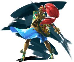 Rule 34 | 1girl, armor, blue lips, earrings, gerudo, high heels, jewelry, lipstick, makeup, nintendo, official art, pointy ears, ponytail, red hair, shield, the legend of zelda, the legend of zelda: breath of the wild, urbosa