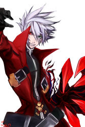 Rule 34 | 1boy, absurdres, arc system works, belt, blazblue, claws, early type, gloves, green eyes, grin, heterochromia, highres, jacket, male focus, multiple belts, ragna the bloodedge, red eyes, short hair, silver hair, smile, solo