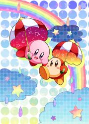 Rule 34 | :d, absurdres, blue eyes, blush, blush stickers, brown eyes, cloud, commentary request, copy ability, full body, halftone, highres, holding, holding hands, holding umbrella, kirby, kirby (series), nintendo, no humans, open mouth, parasol, parasol kirby, polka dot, polka dot background, rainbow, smile, star (symbol), umbrella, waddle dee, water drop, yupiteru