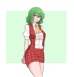 Rule 34 | 1girl, arms behind back, ascot, bare legs, breasts, collared shirt, commentary, cowboy shot, english commentary, green hair, highres, kazami yuuka, large breasts, looking at viewer, mata (matasoup), miniskirt, notice lines, plaid, plaid skirt, plaid vest, red eyes, shirt, shirt tucked in, simple background, skirt, skirt set, smile, solo, thighs, touhou, two-tone background, vest, white shirt, yellow ascot