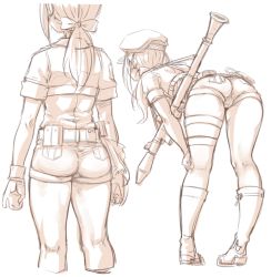 Rule 34 | 10s, 1girl, 7010, ass, back, bent over, beret, boots, bow, gloves, hair bow, hand on own knee, hat, high-explosive anti-tank (warhead), holster, idolmaster, idolmaster cinderella girls, jacket, kneepits, long hair, man-portable anti-tank systems, monochrome, ponytail, ribbon, rocket-propelled grenade, rocket (projectile), rocket launcher, rpg, rpg-7, rpg (weapon), short shorts, short sleeves, shorts, thigh holster, thighs, weapon, white background, yamato aki