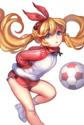 Rule 34 | 1girl, angshung, ball, bandaged leg, bandages, blue eyes, bow, hair bow, hair ornament, hands in pockets, highres, jacket, lina (soccer spirits), navel, official art, rabbit hair ornament, red bow, red shorts, shirt, shoes, shorts, sneakers, soccer ball, soccer spirits, socks, solo, standing, standing on one leg, t-shirt, track jacket, transparent background, twintails, white footwear, white socks
