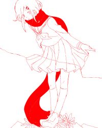 Rule 34 | 1girl, ama (i-ekk), colored lineart, enpera, flat color, flower, hair ornament, hairclip, highres, kagerou project, kneehighs, leaning, leaning forward, lineart, loafers, long scarf, long sleeves, looking to the side, monochrome, neckerchief, papers, parted bangs, parted lips, pleated skirt, red scarf, red theme, sailor collar, scarf, school uniform, serafuku, shoes, sidelocks, simple background, single stripe, skirt, sleeve cuffs, socks, solo, spot color, standing, string, striped, tateyama ayano, white background, winter uniform