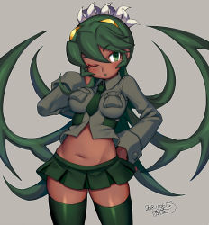 Rule 34 | 1girl, artist name, blush, breasts, closed mouth, dark-skinned female, dark skin, dated, fukua (skullgirls), green eyes, green hair, green lips, green necktie, green skirt, green thighhighs, hand on own hip, iroyopon, large breasts, lipstick, long hair, looking at viewer, makeup, navel, necktie, one eye closed, shamone (skullgirls), signature, skirt, skullgirls, solo, thighhighs