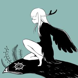 Rule 34 | 1girl, bare legs, barefoot, bird, bird girl, blue background, closed eyes, expressionless, greyscale, greyscale with colored background, highres, horns, long hair, monochrome, original, profile, robe, shi (yotsuhaka), simple background, squatting, wings