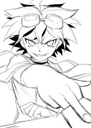 Rule 34 | 1boy, between fingers, card, clenched teeth, evil grin, evil smile, fingernails, goggles, goggles on head, greyscale, grin, ha akabouzu, highres, holding, holding card, lineart, looking at viewer, male focus, messy hair, monochrome, outstretched arm, sakaki yuya, simple background, smile, solo, spiked hair, teeth, white background, yu-gi-oh!, yu-gi-oh! arc-v