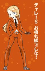 Rule 34 | 1girl, black gloves, blonde hair, blue eyes, chorimokki, closed mouth, creatures (company), formal, game freak, gloves, long hair, looking at viewer, necktie, nintendo, pokemon, pokemon xy, serena (pokemon), simple background, solo, suit, team flare, team flare uniform