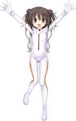 Rule 34 | 1girl, absurdres, arms up, bodysuit, breasts, brown hair, diving suit, double bun, covered erect nipples, full body, gloves, gluteal fold, highres, hoshikoi tinkle, korie riko, looking at viewer, narusegawa nagi, official art, red eyes, small breasts, solo, transparent background, white gloves