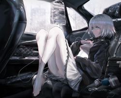 Rule 34 | 1girl, black jacket, blood, blood bag, blue eyes, bottle, breasts, building, car, car interior, cloud, cloudy sky, dress, full body, hair between eyes, highres, interior, intravenous drip, jacket, knees up, lace, lace-trimmed dress, lace trim, long sleeves, looking away, medium breasts, motor vehicle, no shoes, open clothes, open jacket, original, overcast, panties, panties under pantyhose, pantyhose, reclining, short hair, silver hair, sky, skyscraper, snowing, solo, swav, underwear, v-shaped eyebrows, watch, white dress, white pantyhose