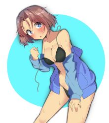 Rule 34 | 1girl, absurdres, azumi (girls und panzer), bikini, black bikini, blue eyes, blue jacket, blush, breasts, brown hair, cleavage, commentary, cowboy shot, girls und panzer, hair intakes, hand on own thigh, highres, jacket, kshimu, long sleeves, looking at viewer, medium breasts, off shoulder, one-hour drawing challenge, open clothes, open jacket, open mouth, short hair, solo, standing, strap slip, string bikini, sweat, swimsuit