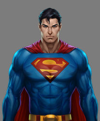 Rule 34 | 1boy, alien, belt, black hair, blue eyes, cape, clark kent, dc comics, grey background, justice league, kal-el, kryptonian, male focus, muscular, red cape, s shield, solo, superman, superman (series)
