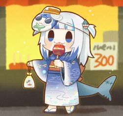 Rule 34 | 1girl, :3, :p, adapted costume, bag, bagged fish, blood, blue eyes, blue hair, blunt bangs, blurry, blurry background, blush stickers, candy apple, character mask, chibi, commentary, festival, fins, fish, fish tail, food, full body, gawr gura, highres, hololive, hololive english, japanese clothes, kimono, long hair, mask, mask on head, multicolored hair, obi, same anko, sandals, sash, shark tail, solo, streaked hair, symbol-only commentary, tail, tongue, tongue out, two-tone hair, two side up, virtual youtuber, walking, white hair, wide sleeves, zouri