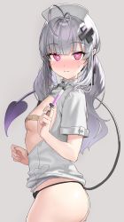 Rule 34 | 1girl, absurdres, alternate breast size, antenna hair, ass, bandaid, bandaids on nipples, blush, breasts, closed mouth, demon tail, from side, grey hair, hair ornament, heart, heart-shaped pupils, highres, kanzarin, long hair, looking at viewer, looking to the side, nurse, original, pasties, pink eyes, shinomiya kanna, short sleeves, small breasts, smile, symbol-shaped pupils, syringe, tail, white headwear