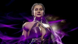 Rule 34 | 1girl, asymmetrical clothes, bare shoulders, breasts, center opening, cleavage, collar, detached sleeves, eyeshadow, grey eyes, large breasts, long hair, looking at viewer, makeup, mortal kombat (series), mortal kombat 11, non-web source, purple eyeshadow, purple lips, revealing clothes, sindel, smile, solo, upper body, white hair