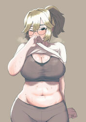 Rule 34 | 1girl, absurdres, belly, black eyes, blonde hair, breasts, bright pupils, brown background, cleavage, clenched hand, clothes pull, glasses, grey leggings, grey sports bra, hair behind ear, highres, kms2605, large breasts, leggings, looking at viewer, mole, mole on breast, mole on stomach, mole under eye, navel, one eye closed, original, plump, round eyewear, shirt, shirt pull, solo, sports bra, sweat, white pupils, white shirt