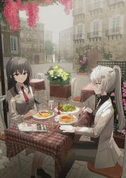 Rule 34 | 2girls, 3others, absurdres, animal ear fluff, animal ears, arknights, bad id, bad pixiv id, black footwear, black hair, black pants, black sweater, blue eyes, building, chair, chihuri, closed mouth, collared shirt, cup, dress shirt, drinking glass, ear piercing, food, fork, grey hair, grey vest, hair between eyes, highres, holding, holding fork, holding spoon, jacket, lappland (arknights), long hair, multiple girls, multiple others, newspaper, on chair, open clothes, open jacket, pants, piercing, plate, ponytail, red eyes, ribbed sweater, scar, scar across eye, scar on face, shirt, shoes, sitting, smile, socks, spoon, sweater, table, texas (arknights), turtleneck, turtleneck sweater, vest, white jacket, white legwear, white shirt, window