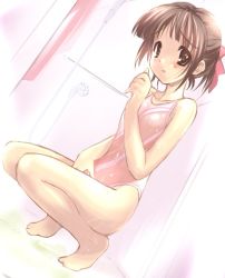 Rule 34 | 1girl, barefoot, bath, brown eyes, brown hair, flat chest, leotard, one-piece swimsuit, ponytail, ribbon, scared, showering, solo, spandex, squatting, swimsuit, wet