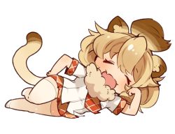 Rule 34 | 1girl, animal ears, chibi, closed eyes, full body, kemono friends, lion (kemono friends), lion ears, lion girl, lion tail, mota, necktie, open mouth, plaid, plaid necktie, plaid skirt, short hair, simple background, skirt, solo, tail, thighhighs, white background, yawning