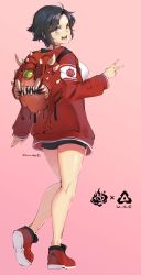 Rule 34 | 1girl, absurdres, backpack, bag, black hair, black shorts, breasts, cacodemon, doom (series), full body, grey eyes, highres, jacket, large breasts, long sleeves, looking at viewer, lulu-chan92, open mouth, pink background, pun, red footwear, red jacket, ruby rose, rwby, shirt, shoes, short hair, shorts, simple background, smile, solo, v, white shirt
