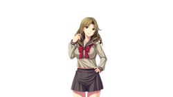 Rule 34 | 1girl, adjusting hair, aotonbo, blonde hair, breasts, brown eyes, female focus, game cg, hand on own hip, large breasts, legs, long hair, looking at viewer, ohanabatakerun, school uniform, simple background, skirt, smile, solo, standing, thighs, white background, xx of the dead