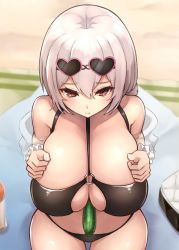 Rule 34 | 1girl, alternate costume, azur lane, beach, bikini, black bikini, blush, breasts, breasts squeezed together, cleavage, cleavage cutout, clothing cutout, collarbone, commentary request, cucumber, embarrassed, eyewear on head, frilled cuffs, from above, hair between eyes, heart, heart-shaped eyewear, huge breasts, looking at viewer, looking up, o-ring, o-ring bikini, o-ring top, outdoors, red eyes, see-through, sexually suggestive, short hair, sirius (azur lane), sirius (scorching-hot seirios) (azur lane), sitting, solo, sunglasses, swimsuit, tosaka (tosaka0001), white hair, wrist cuffs