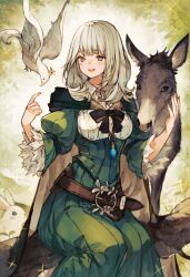 Rule 34 | 1girl, bird, blonde hair, branch, commentary, commentary request, donkey, dress, frilled sleeves, frills, green dress, highres, kemomin nosuke, long hair, nature, open mouth, original, outdoors, purple eyes, rabbit, sitting, solo, teeth, upper teeth only