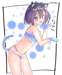 Rule 34 | 1girl, :d, animal ears, black hair, blue eyes, blue ribbon, breasts, cat ears, cat tail, from side, gloves, grey hair, hair between eyes, hair ribbon, halterneck, highres, kyoo-kyon (kyo-kyon), looking at viewer, open mouth, original, paw pose, ribbon, side ponytail, small breasts, smile, solo, suzunari shizuku, tail, teeth, underwear, underwear only, yuki arare