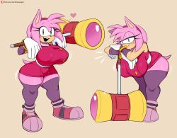 Rule 34 | 1girl, absurdres, amy rose, artist name, boots, breasts, curvy, furry, gloves, green eyes, hairband, hammer, highres, huge breasts, huge weapon, jinu (jinusenpai), leaning, seductive smile, shortstack, smile, solo, sonic (series), sonic boom (series), tail, thick thighs, thighhighs, thighs, weapon, white gloves, wide hips