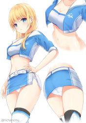 Rule 34 | 1girl, blonde hair, blue eyes, boots, breasts, cleavage, close-up, closed eyes, hicha nomu, highres, long hair, looking at viewer, medium breasts, multiple views, navel, original, panties, pantyshot, race queen, simple background, swimsuit, thigh boots, thighhighs, underwear, white background