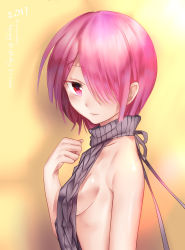 Rule 34 | 10s, 1girl, 2017, absurdres, ass, back, backless dress, backless outfit, bad id, bad pixiv id, bare back, bare shoulders, blush, breasts, collarbone, cross neko, dated, dress, female focus, from behind, from side, grey sweater, hair ornament, hair over one eye, halterneck, hand up, happy birthday, highres, looking at viewer, looking back, medium breasts, meme attire, naked sweater, no bra, no panties, pink eyes, pink hair, ram (re:zero), re:zero kara hajimeru isekai seikatsu, ribbed sweater, shimesaba kohada, short hair, sideboob, solo, sweater, sweater dress, turtleneck, turtleneck sweater, upper body, virgin killer sweater, x hair ornament