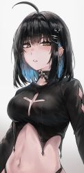 Rule 34 | 1girl, absurdres, ahoge, black choker, black hair, black shirt, breasts, brown eyes, choker, cleavage, cleavage cutout, clothing cutout, colored inner hair, crop top, cross cutout, ear piercing, earrings, goth fashion, hair ornament, hairclip, highleg, highres, irene (kanniiepan), jewelry, kanniiepan, long sleeves, looking at viewer, medium breasts, midriff, mole, mole on breast, mole under eye, multicolored hair, navel, original, parted lips, piercing, shirt, short hair, simple background, solo, stomach, two-tone hair, uneven eyes, upper body, white background