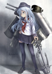 Rule 34 | 10s, 1girl, absurdres, anchor, anchor print, black thighhighs, blue eyes, blue hair, cannon, chain, chamu (chammkue), flat cap, hand on own hip, hat, hibiki (kancolle), highres, kantai collection, long hair, long sleeves, neckerchief, necktie, pleated skirt, red neckerchief, rigging, school uniform, serafuku, shoes, silver hair, skirt, smokestack, solo, standing, thighhighs, torpedo, turret