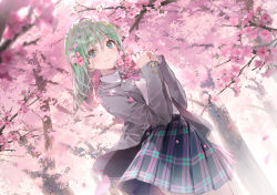 Rule 34 | 1girl, blue eyes, blue skirt, cherry blossoms, closed mouth, collared shirt, commentary request, cowboy shot, day, dsmile, flower, green hair, grey jacket, hair flower, hair ornament, holding, holding flower, jacket, long hair, long sleeves, looking at viewer, neck ribbon, original, outdoors, pink flower, pink ribbon, pink skirt, plaid, plaid skirt, pleated skirt, ribbon, school uniform, serafuku, shirt, skirt, smile, solo, tree, white shirt