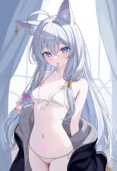 1girl absurdres animal_ears bikini black_robe blush braid breasts cat_ears cat_girl cat_tail cc_lin ear_ornament elaina_(majo_no_tabitabi) grey_hair hair_ribbon hair_tubes hat highres indoors long_hair looking_at_viewer majo_no_tabitabi mouth_hold navel off_shoulder open_clothes open_robe pubic_tattoo purple_eyes purple_nails ribbon robe small_breasts solo swimsuit tail tattoo white_bikini witch witch_hat